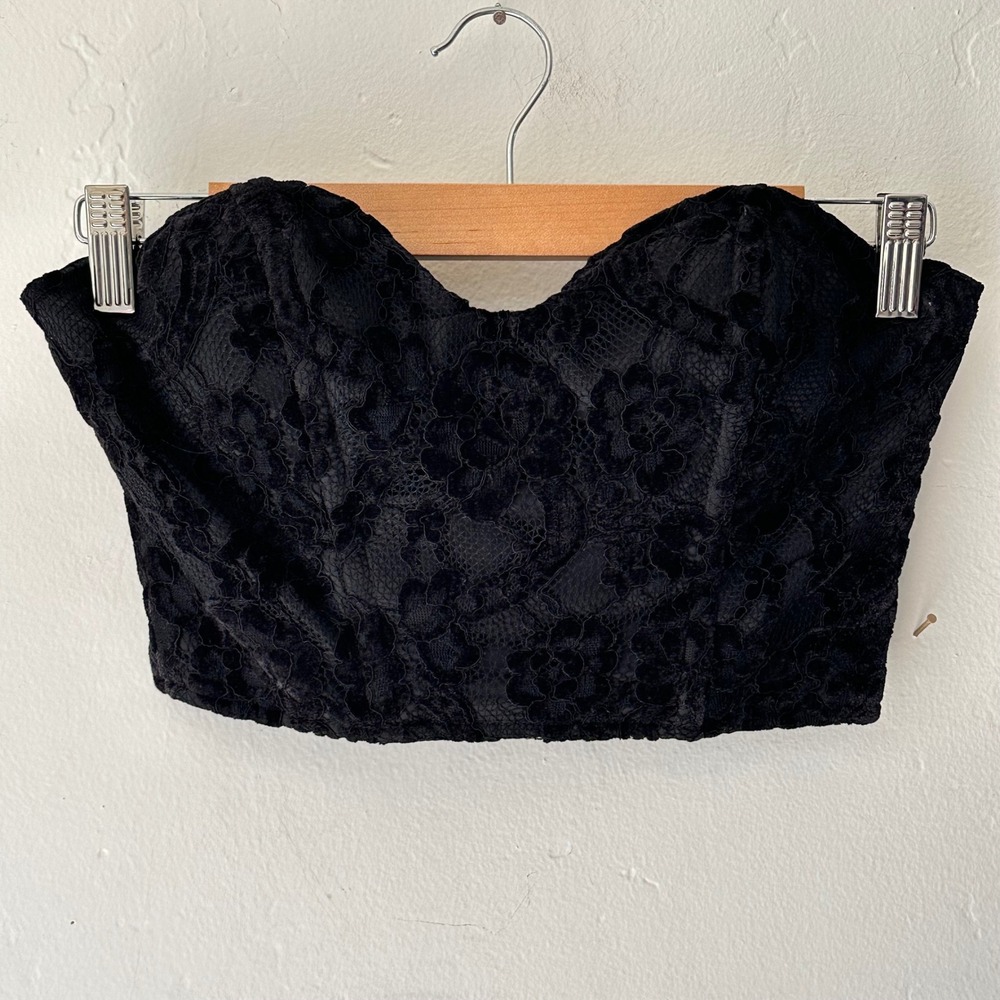 Naked Wardrobe Black Flocked Floral‎ Lace Sweetheart Bustier Crop Top Size XS
